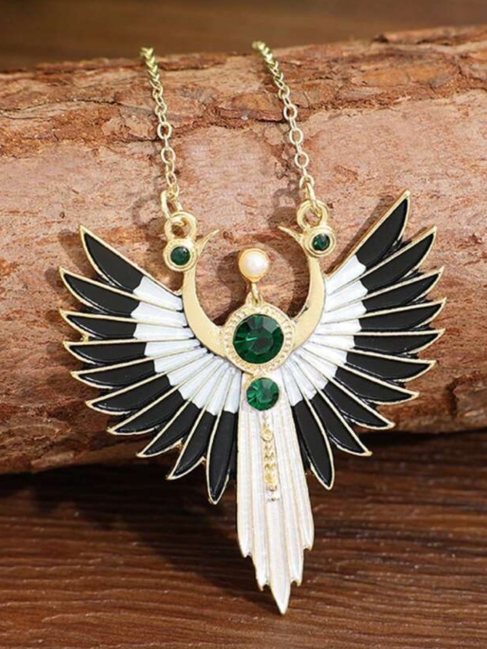 Gold-tone Phoenix Pendant Necklace with Black, White & Emerald Accents